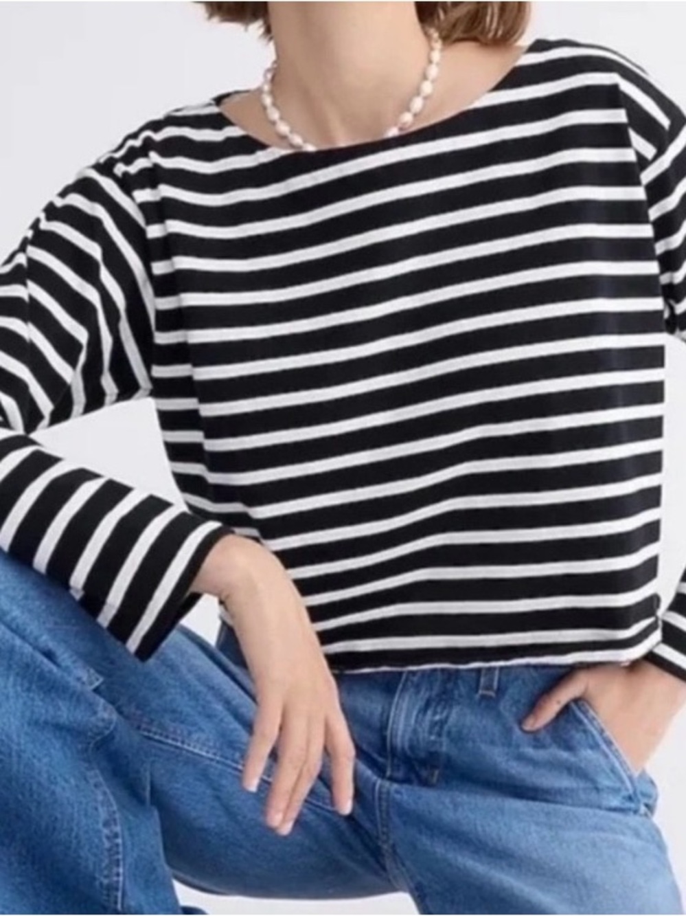 J. Crew Black and White Striped Boatneck Long-Sleeve Top